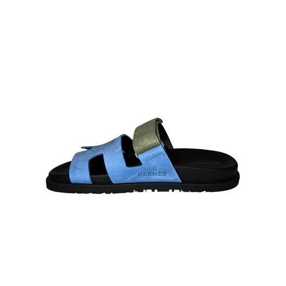 Hermes Chypre Sandal Blue Cameo Vert Celadon Green Strap Slide Slip On Flat 37.5